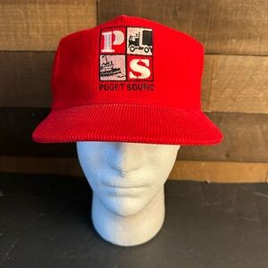 VTG 90's Puget Sound Seattle WA Corduroy Hat Cap Patch Snapback Hat USA Rope Red